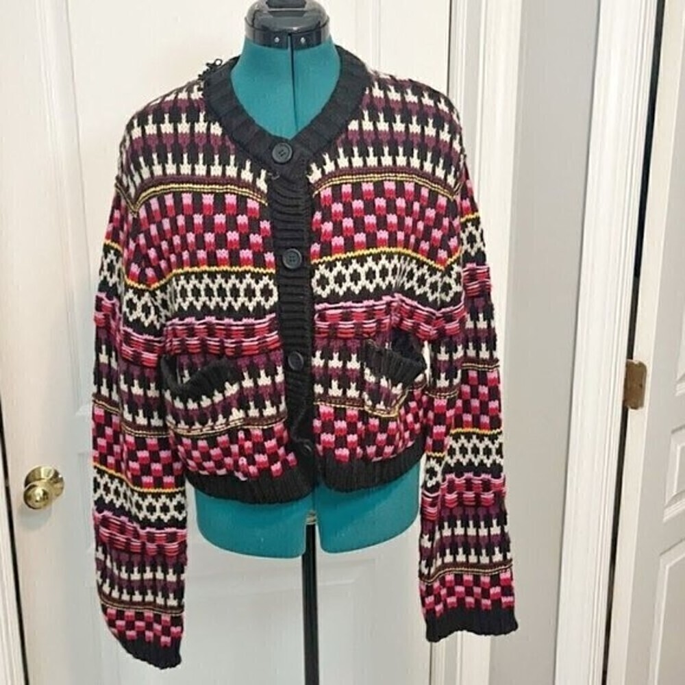 Zara Jacquard Chunky Cable Knit Cropped Pocket Button Winter Cardigan Sweater